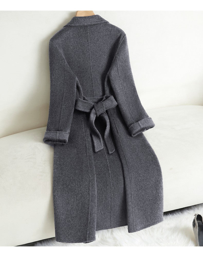 Grey Double-sided Cashmere Coat For women Slim For Autumn Winter New Winter High-end Temperament Thick Woolen Coats With belt