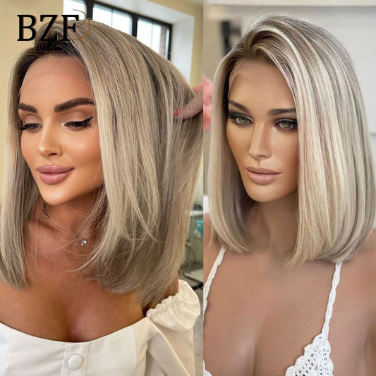 12Inch Blonde Highlight Short Bob Wigs Dark Roots Synthetic Lace Front Colored Straight Blonde Wig For Women Daily Use