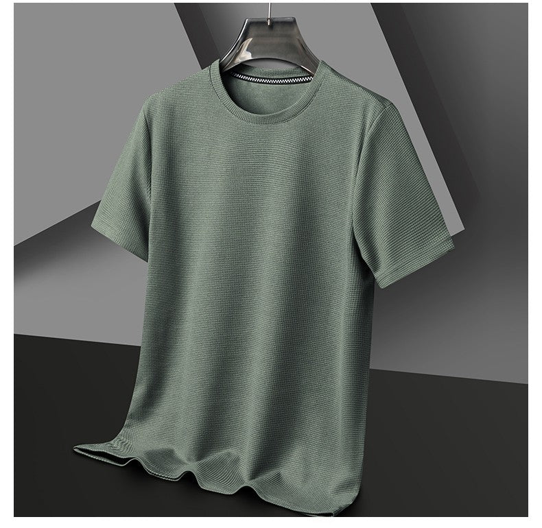 Men's New Summer Waffle round Neck Short Sleeve T-Shirt Comfortable Breathable Short-Sleeved Top for Casual Wear