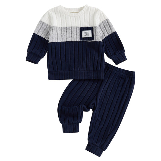 VISgogo 0-3 Years Boys Fall 2Pcs Clothes Sets Long Sleeve O Neck Patchwork Pullover Solid Color Pants