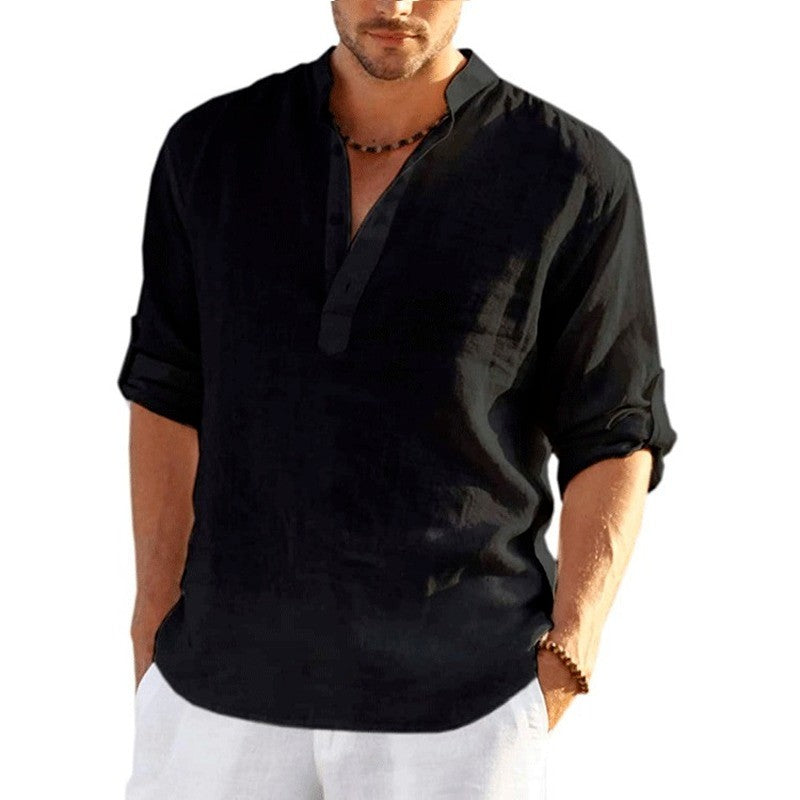2022 New Men's Linen Long Sleeve T-Shirt Solid Color Loose Casual T-Shirt Long Sleeve Cotton Linen Shirt Plus Size