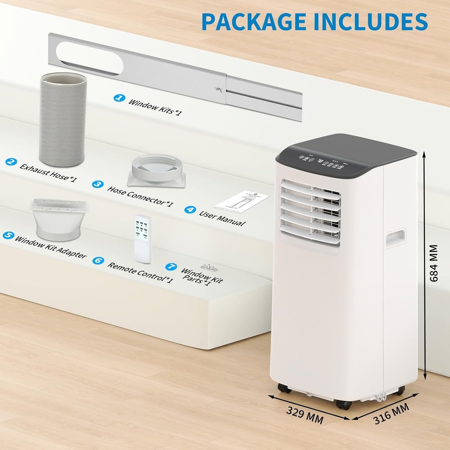 Ar Condicionado Portátil, 8000 BTU para Ambientes de até 42m², Controle Remoto e Autoevaporação, AC Compacto para Apartamento, Plugue Americano