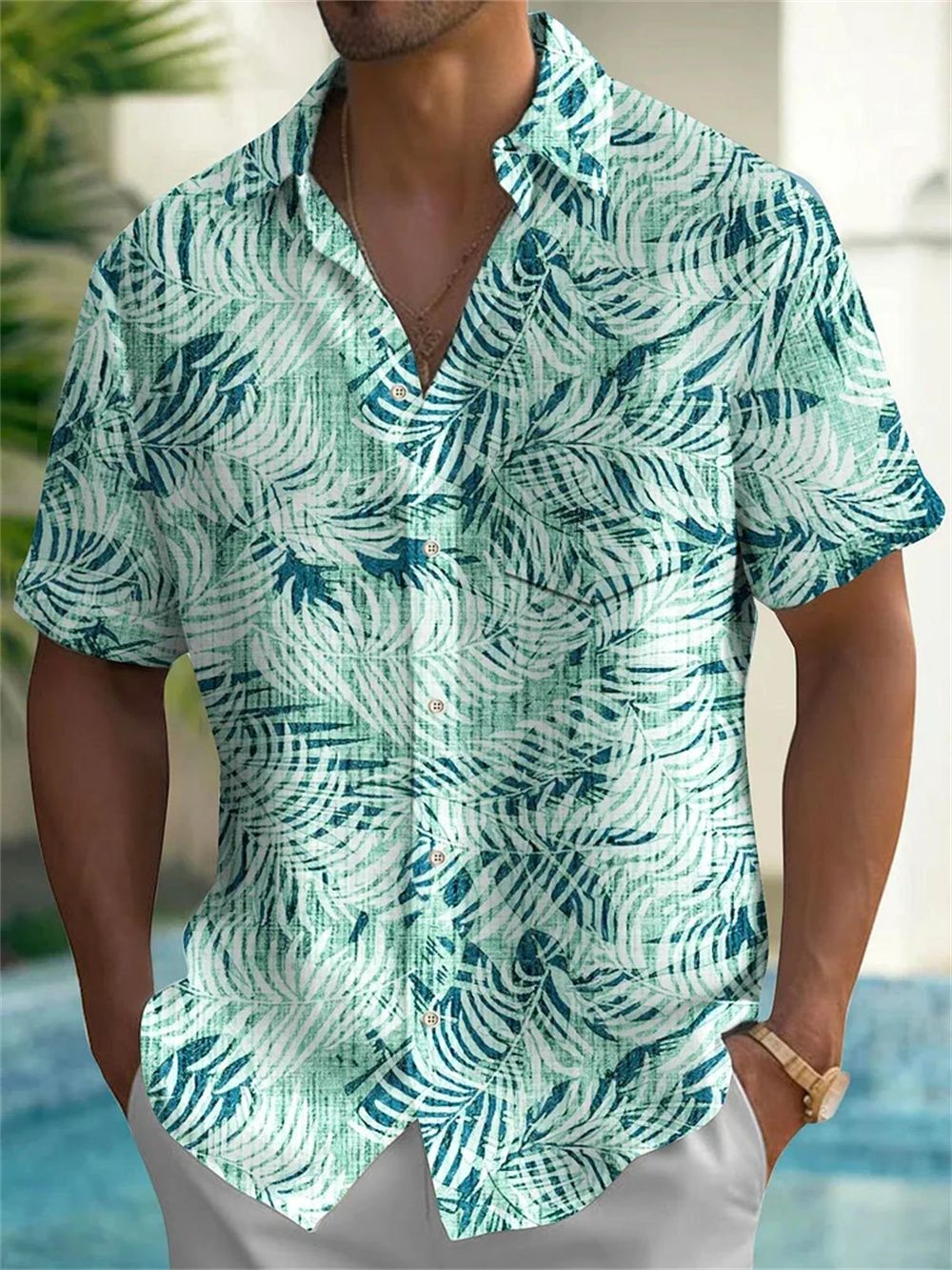 Silk print high-quality retro novel trendy men's casual social solid color Hawaiian shirt new style