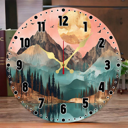 Natural Scenery Wooden Round Silent Hanging Wall Clock,Suitable For Living Room,Office,Study Room,Bedroom,Home Decoration