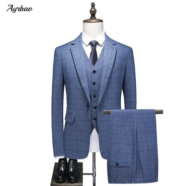 Mens Suits 3 Piece Business Office Formal Set Checkered Pattern Slim Fit Blazer Vest Pants High Quality Luxury Work Wedding