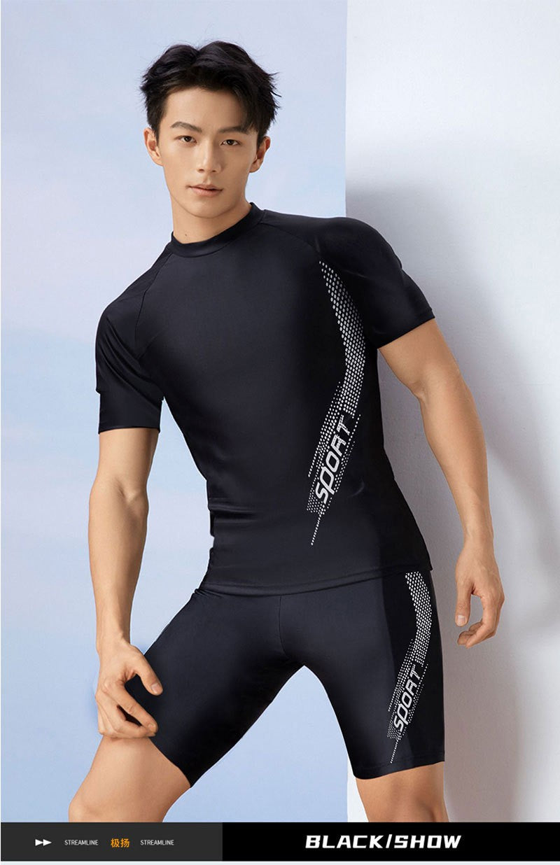 Men Swimsuit O-Neck Short Sleeve Mid-rise Swimming Suit Printing Slim Fit T-shirt Swimming Trucks Set Beachwear