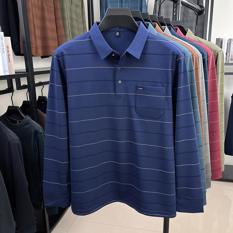 2025 long sleeved men's spring and autumn collar striped pullover top with loose pockets polo shirt