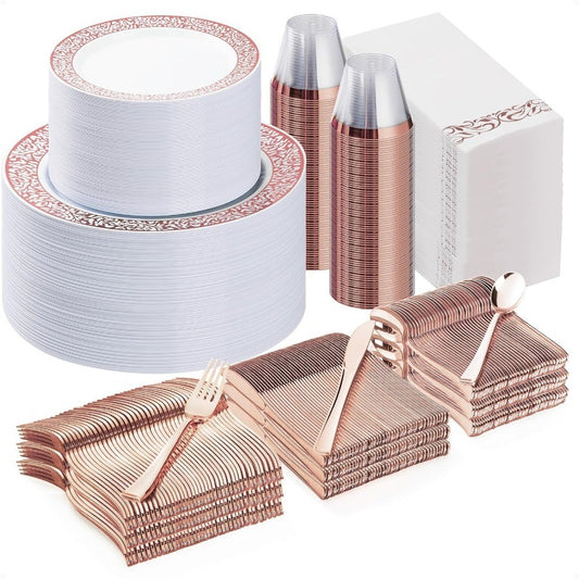 700 Peças de Utensílios de Mesa de Plástico Ouro Rosé para 100 Convidados, Pratos Descartáveis para Festa de Casamento Incluindo 100 Pratos de Jantar Rosé 100 D