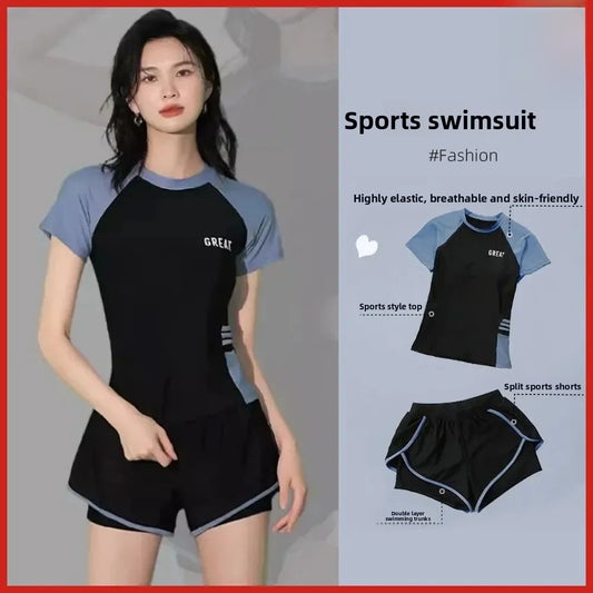 Sporty Two-Piece Swimsuit Short Sleeve plus Size Concealing Conservative Flat Footwear for Hot Springs Swimming Costume