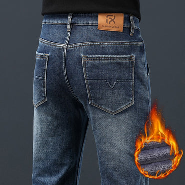 2024 Winter Warm Jeans Men's Fleece Thickened Slim Straight Trousers Fashion Stretch Cotton Casual Denim Pants Brand Clothes