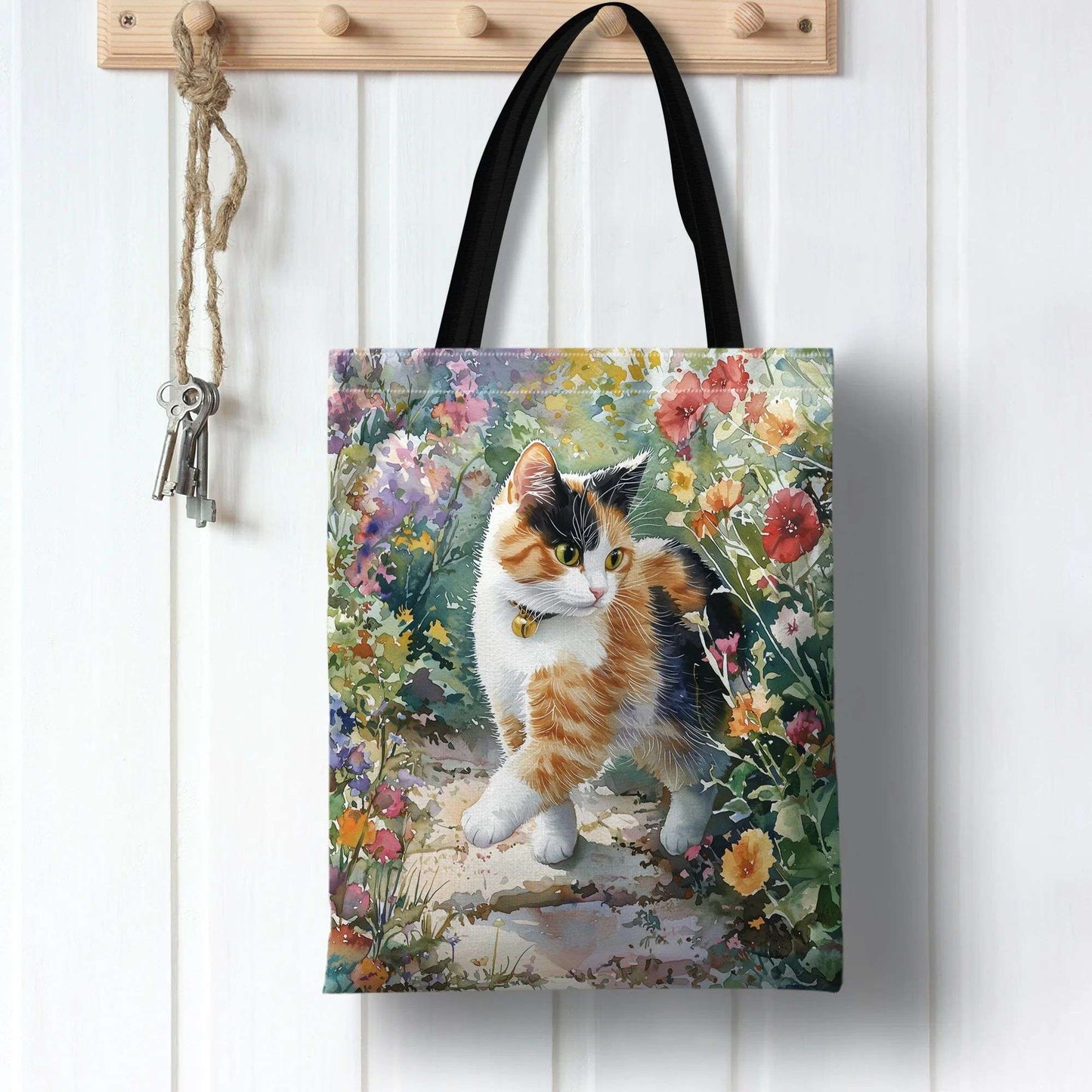 Watercolor Illustration of Cute Charming Calico Cat Print Shoulder Bag for Men Women Reusable Lightweight Portable Handheld Bag