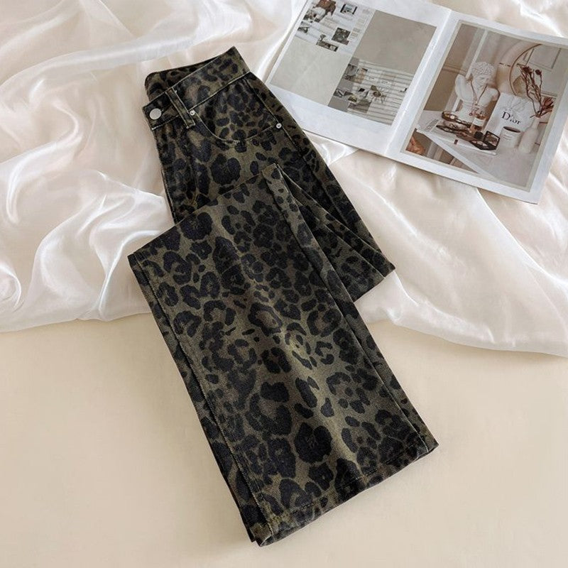 Female Retro Designer Straight Leg Jeans Pants Lady Fashion High Waist Denim Pants Women Leopard Print Baggy Trousers