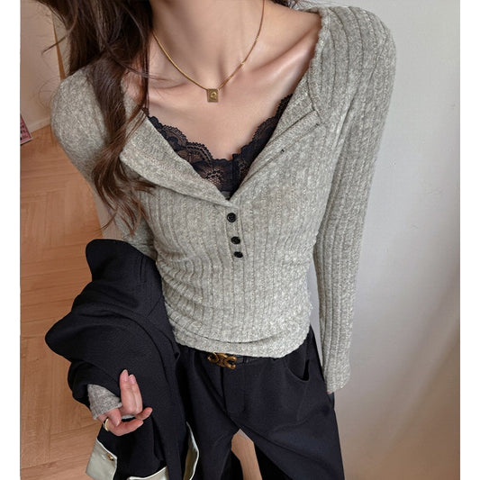 Lace Slim-fitting Bottoming Shirt Fake Two Piece Long Sleeve T-Shirt Women Chic Button Pit Striped Tops Autumn Winter Base Tees