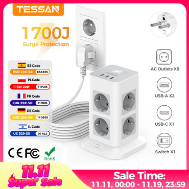 TESSAN Tower Power Strip Multi Outlets with USB A +1 Type C 2M Extension Cable EU Plug Vertical Electric Socket Surge Protection