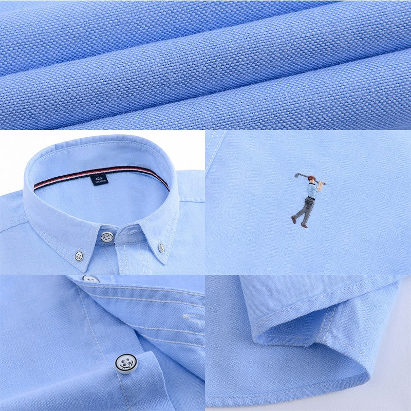 New Summer Short-sleeved Shirt Men's Solid Color Oxford Spinning Casual Embroidery Fashion Slim Shirt Short Men Drop Shipping