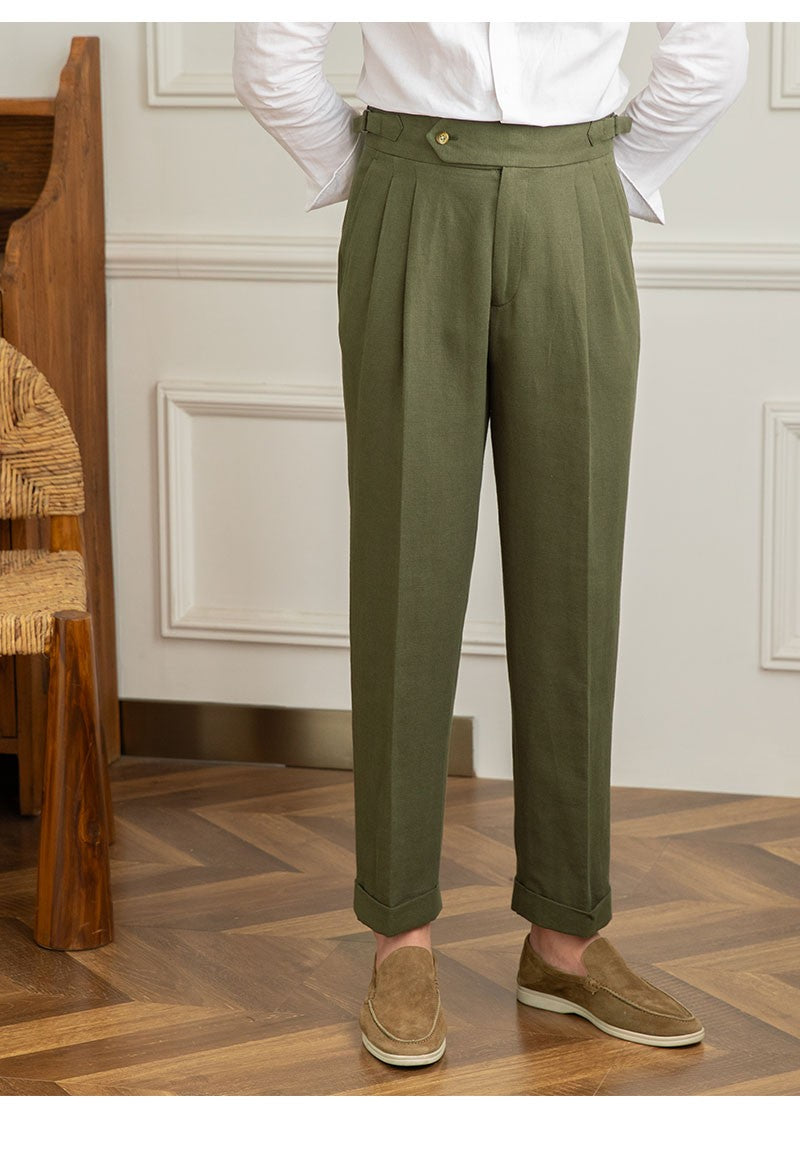 Three Gentleman Summer Naples Casual Straight Pants Men's Commuting Cotton and Linen Comfortable Breathable High Waist Pants