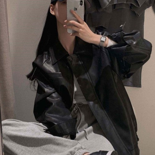 Sli Loose PU Leather Jaet Women's Chic Retro Collar Versatile BF Sle Motorcycle Clothes Trendy Long Sve Zipper