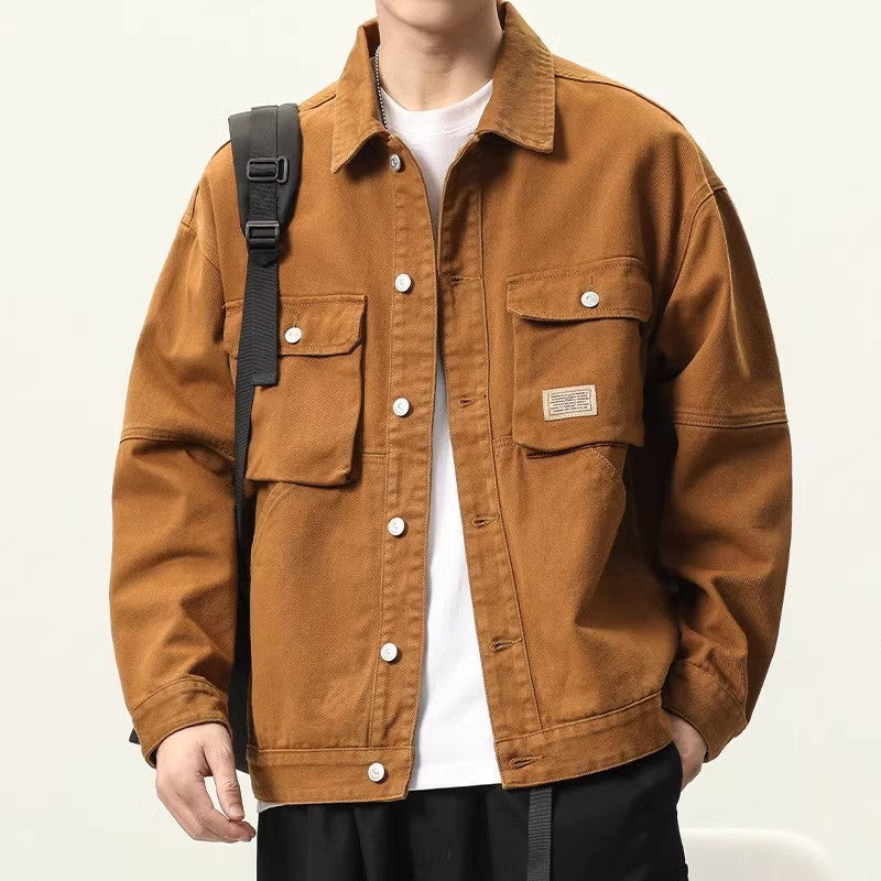 Denim Jackets Men Single Breasted Coat Cardigan Jacket Turn Down Collar Outerwear Long Sleeve Pockets Button Loose Casual