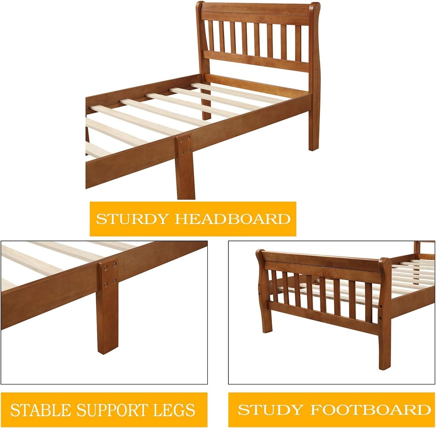Cama de Trenó Moderna de Madeira Solteiro para Crianças, Estrutura de Cama Plataforma Solteiro com Cabeceira e Peseira, Suporte de Estrado de Madeira, Não Precisa de Box