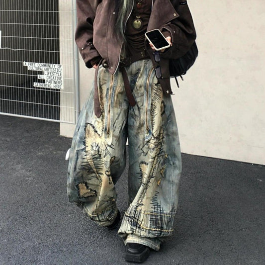 American Street Destruction Style Embroidered Denim Pants Oversized Retro Wash Personality Fashion Loose Casual Wide Leg Jeans