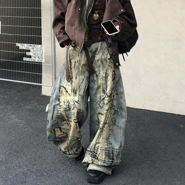 American Street Destruction Style Embroidered Denim Pants Oversized Retro Wash Personality Fashion Loose Casual Wide Leg Jeans