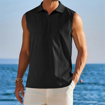 Men s Sleeveless Collared Tank Tops with Textured Stripes and Half Button-up Detail Solid Color Casual Shirts for Summer Wear