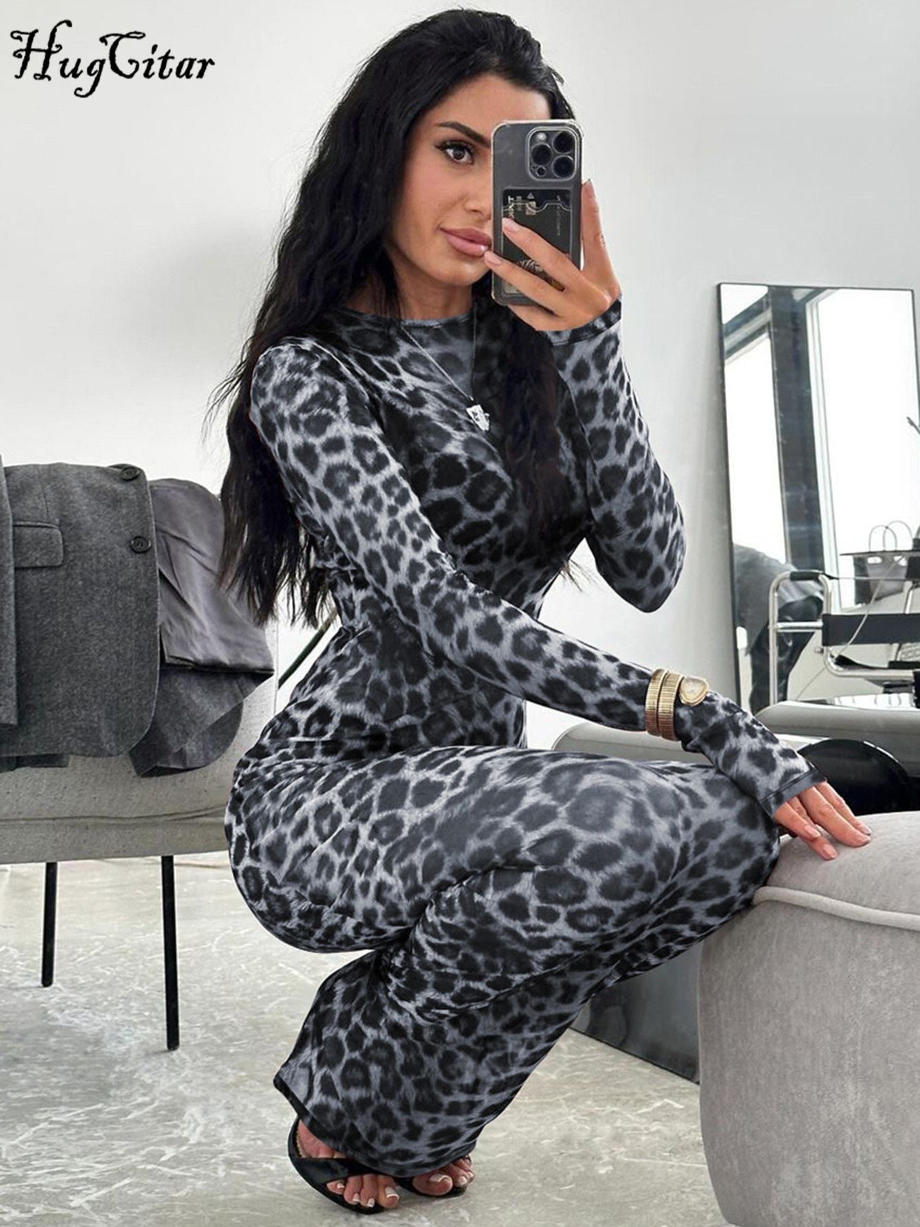 Hugcitar Leopard Print Mesh Long Sleeve Sexy Slim  See Through Maxi Dress Fall W