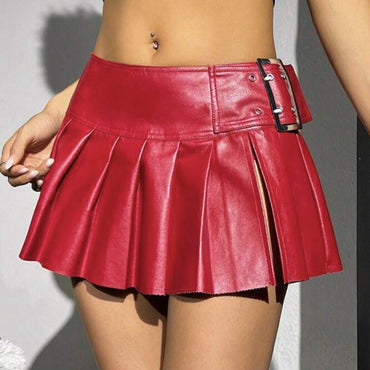 Sexy Hot Girls Silver Leather Mini Pleated Skirt Club Party Street Style Buckle Belt Mini Short Skirt 2025 Summer Latest