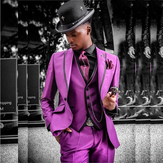 High Quality Men's Suits Purple 3 Piece Single Breasted Peaked Lapel Prom Party Male Clothing Slim Fit Jacket Pants Vest Sets