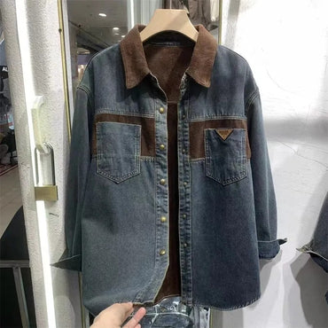 Women's Denim Blouse 2025 Autumn Winter Mid Length Version Add Velvet Ladies Tops Long Sleeve Versatile Lady Cowboy Shirt
