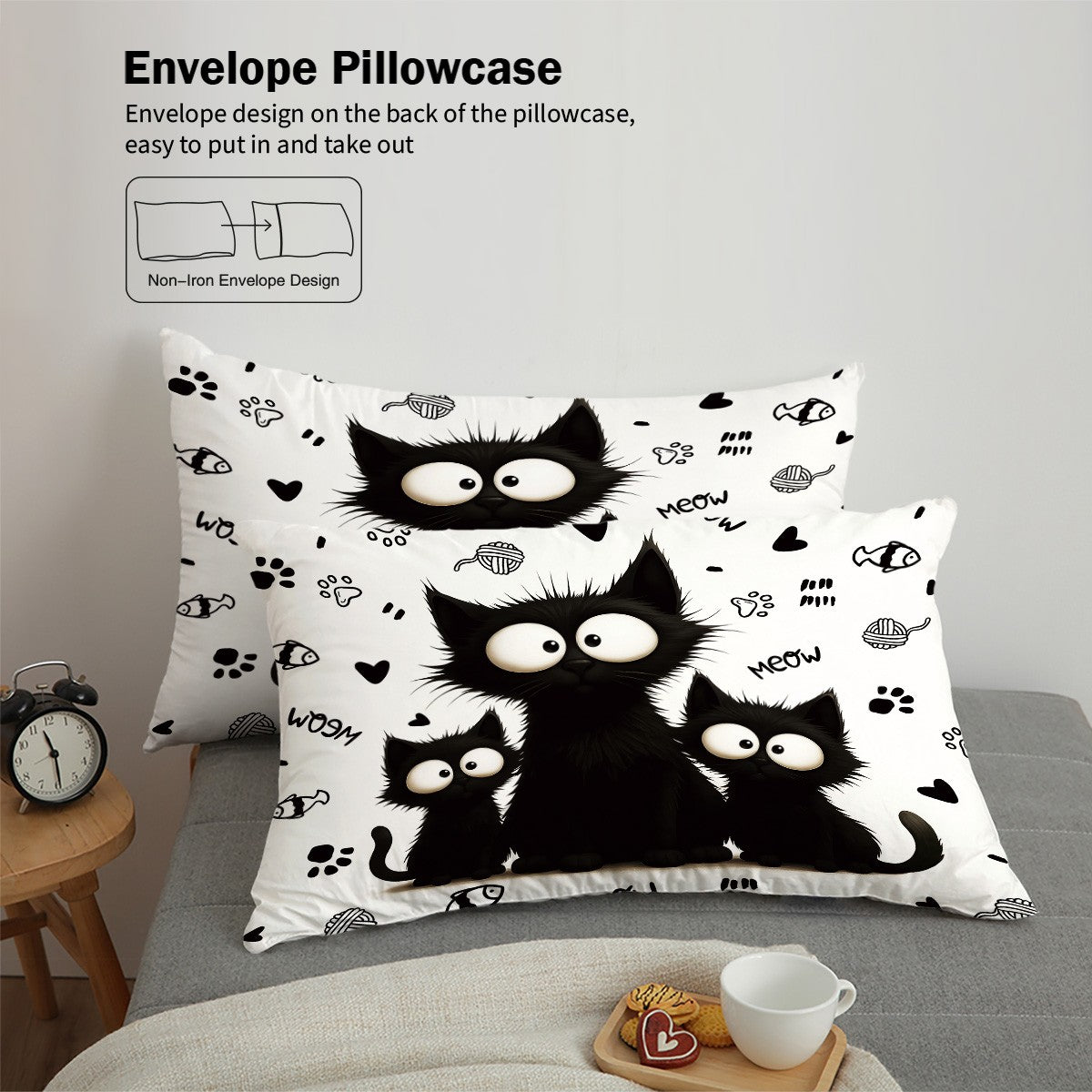3pc Black Cat Printed Bedding Set with Coreless, Soft and Comfortable Multi Size Machine Washable 1 Duvet Cover+2 Pillowcases
