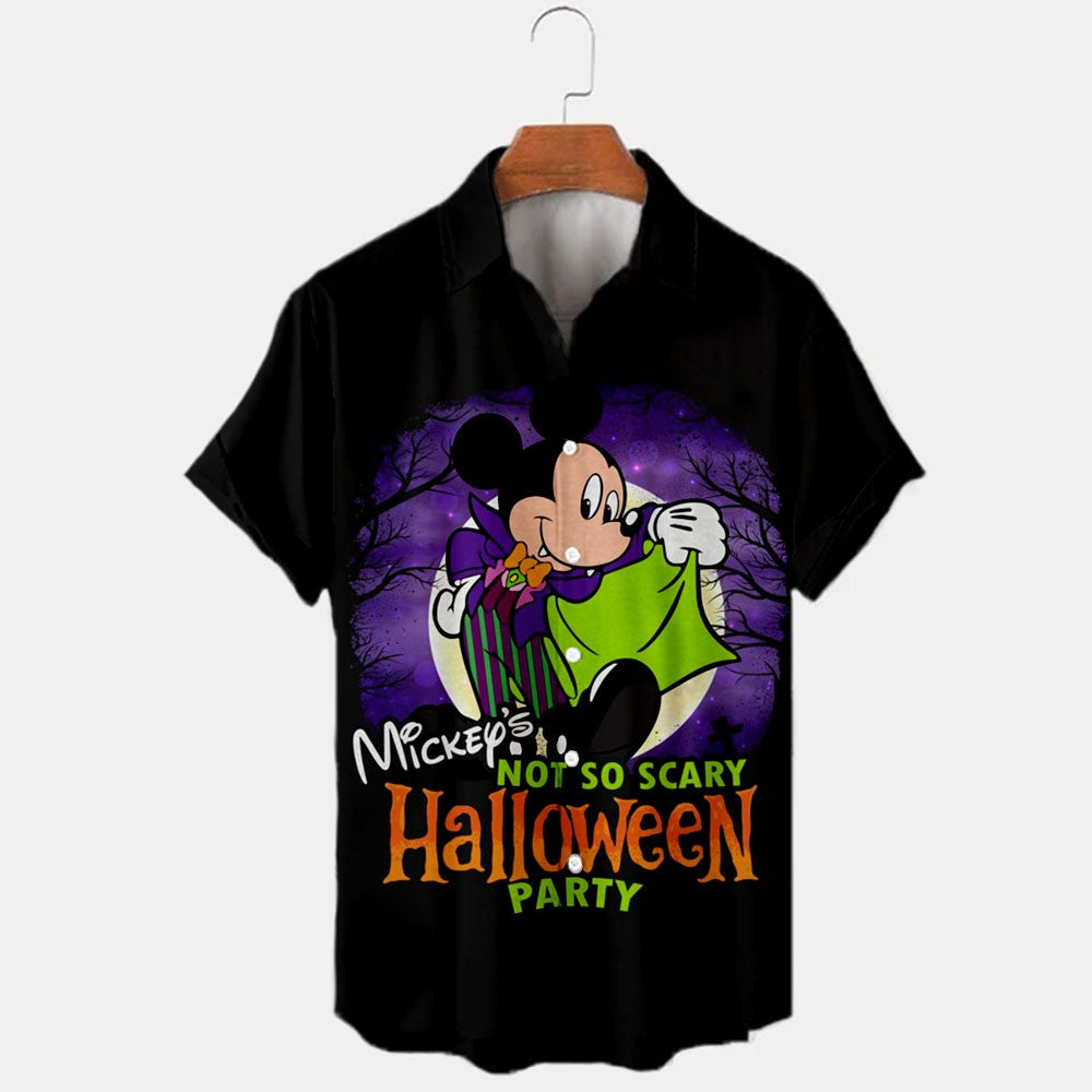 2024 New Halloween Collection Disney Branded Stitch And Mickey Anime 3D Printed Men's Lapel Short Sleeve Slim Fit Hawaiian Shirt