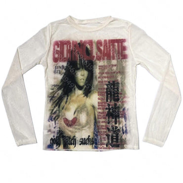 Punk Aesthetic Vintage Y2K Long Sleeve T-shirt Print Cute Grunge Tee Emo Girls Clothes Gothic Fairycore Women's Streetwear