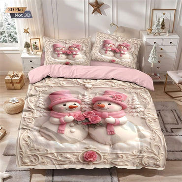 3pcs imitation relief pink Christmas snowman print coreless bedding set, multi size bedroom bedding decoration, machine washable