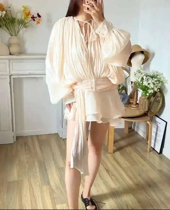 Beige Top Solid Blouse Mini Dresses For Women V Neck Long Sleeve Spliced Lace Up