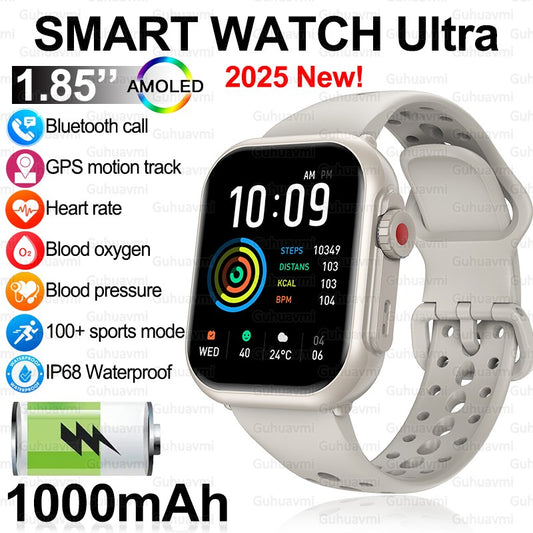 2025 Novo Relógio Inteligente Esportivo da Moda Masculino Feminino Tela Sensível ao Toque Total AMOLED HD de 1,85 Polegadas IP68 À Prova D'Água Smartwatches com Chamada Bluetooth
