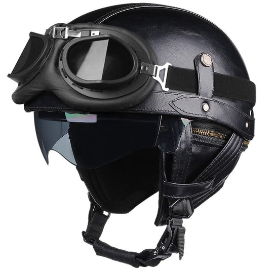Retro Motorcycle Helmet PU Leather Moto Helmets Men Women Half Helmet HD Lens Casco Four Seasons Riding Scooter Capacetes