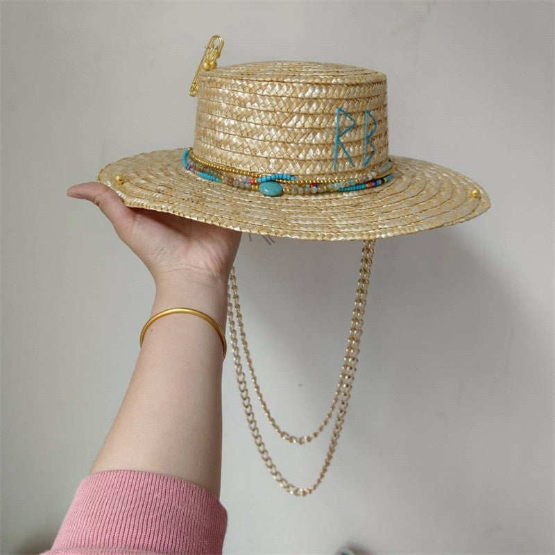 Chapéu de Palha Corrente Punk 2023 Novo Chapéu de Sol Acessórios Corrente Dourada Jazz Hip Hop Chapéu de Verão Estilo Punk Chapéu de Praia Chapéu de Igreja