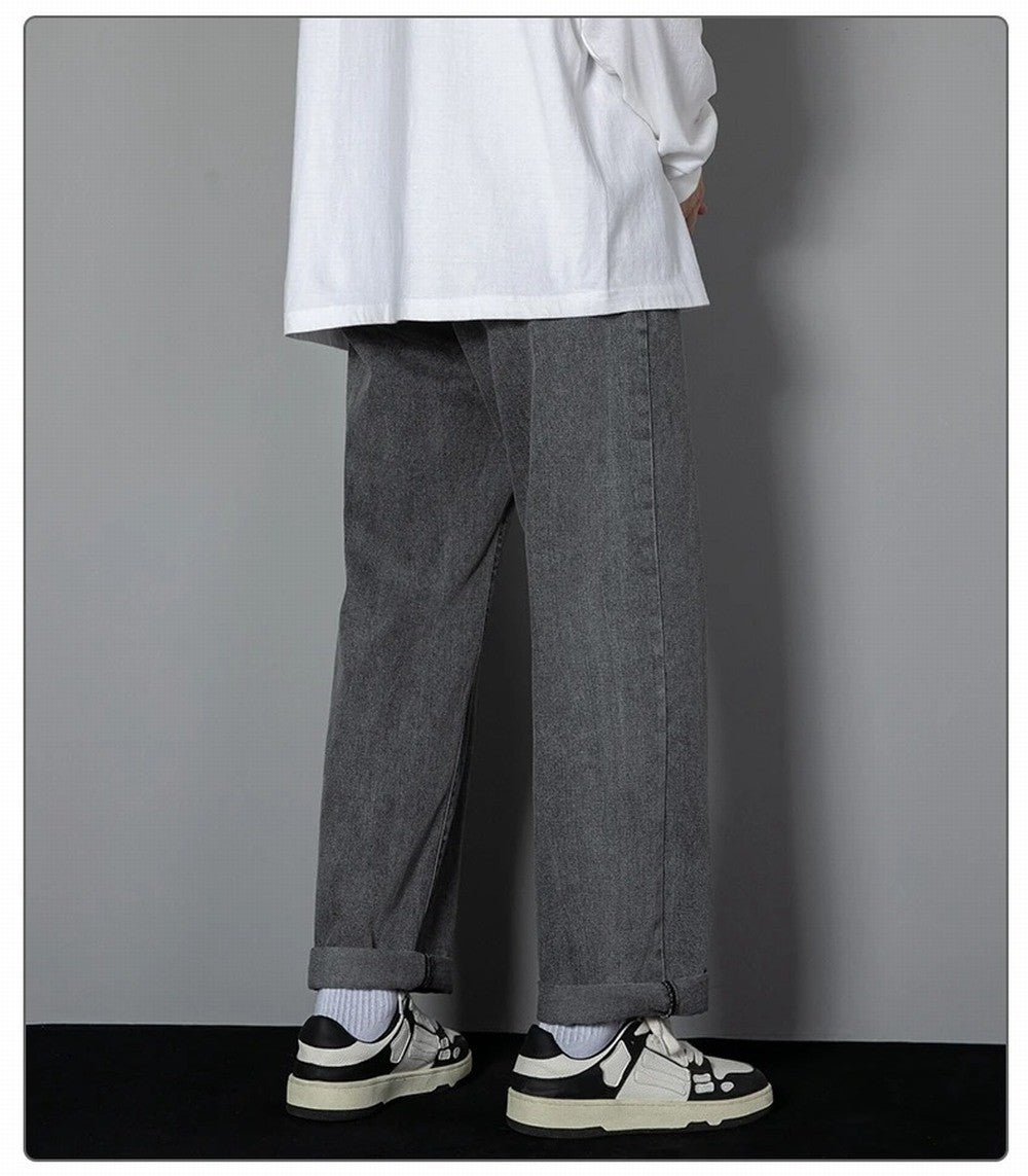 Korean Solid Colors Men's Casual Long Jeans Classic Man Four Seasons Straight Denim Wide-leg Pants Light Blue Grey Black 3XL