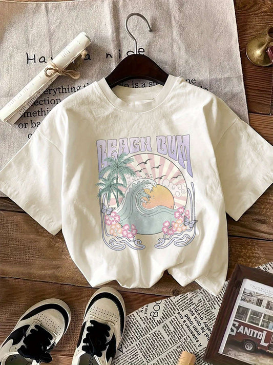 Short-sleeved T-shirt with waves and letters print Casual beach style Suitable for women's daily and outing wear in all season