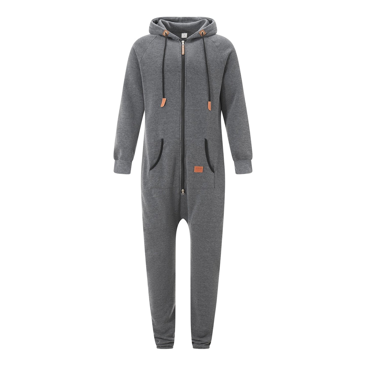 Men's Hooded Fleece Lining Jumpsuit Autumn Winter Warm Long Sleeve Full Zipper Overalls with Kangaroo Pockets Night Clothes