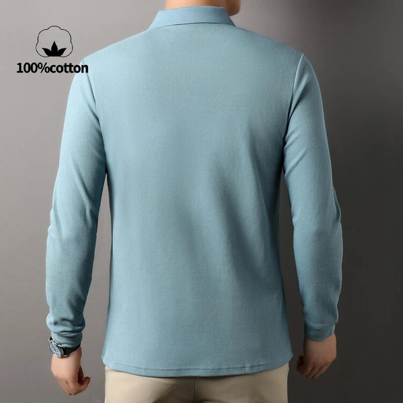 Durable 100% Cotton Men Polo Shirt,Autumn Leisure Long Sleeve, Breathable Lapels T-shirt, 16 Colors, Perfect for Golf and Sports