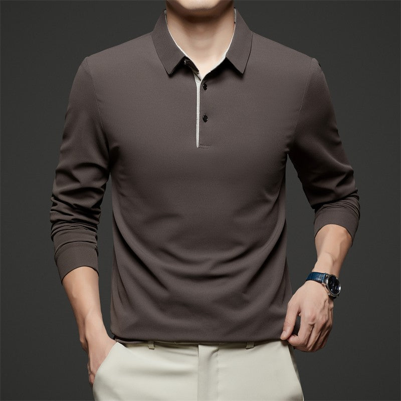 New Men's Business Casual Long Sleeve Solid Color Polo Shirt Fashionable Warm Comfortable Four Seasons Versatile Top