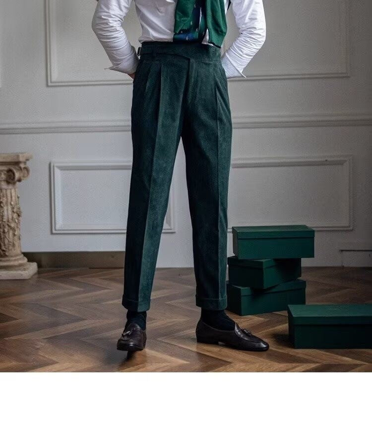 Italian Style Corduroy Naples Suit Pants Men High-waisted Adjustable Belt Straight Trousers Autumn England Business Casual Pant