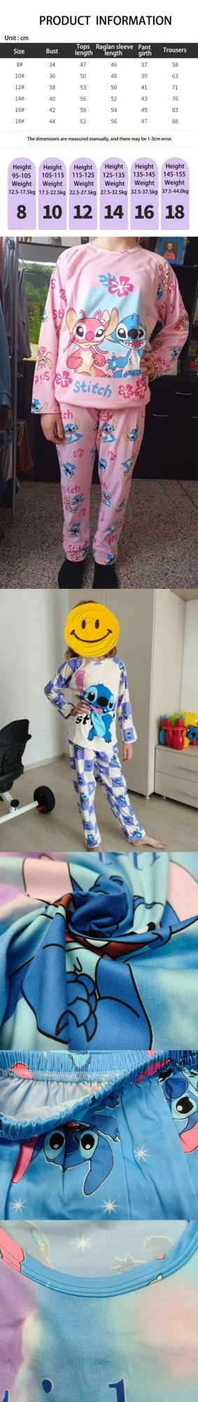 2pcs Stitch Printed Pajama Set for Kids, Long Sleeve Top & Pants, Round Neck, Stitch Home Wear Set for Boys and Girls