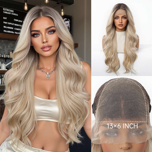HENRY MARGU 13x6 Synthetic Lace Front Wig Long Ash Brown Wig Natural Wavy Hair for Daily Wear High Temperature Fiber Wig