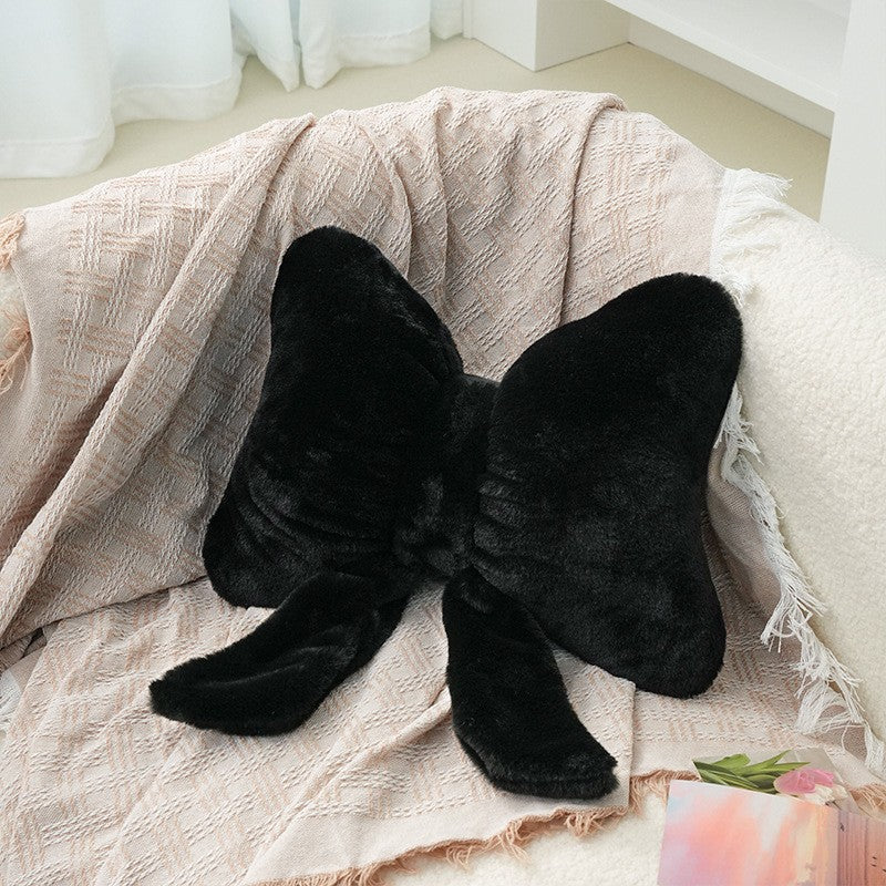 Pink bow ribbon couch pillow imitation rabbit fur comfortable car seat cushion ins style simple all-match back cushion