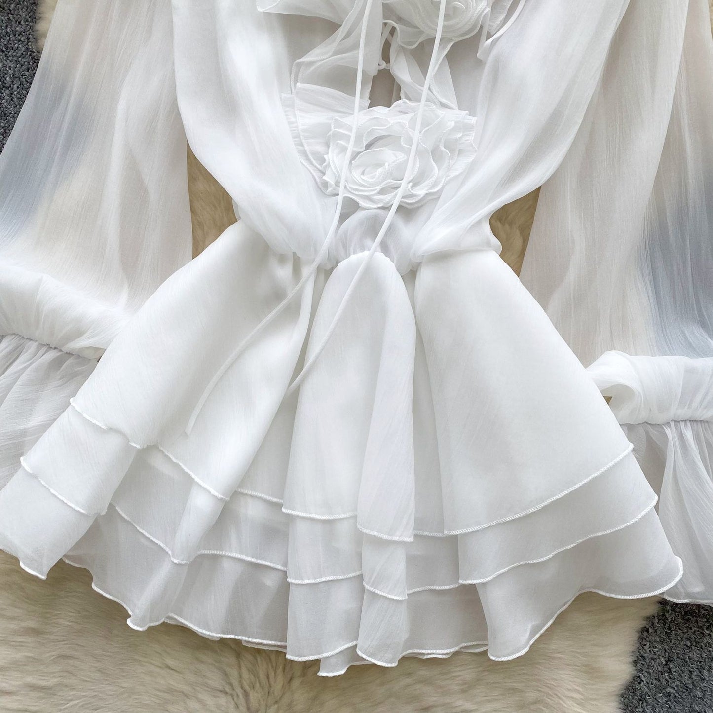 SINGREINY 3D Floral Beach Short Dress Female Long Sleeves Lace Up Ruffle Chiffon