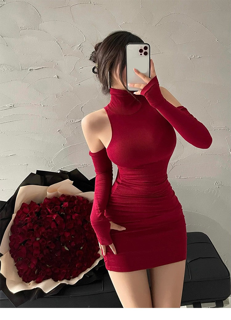 2025 New Women's Mini Dress Sleeveless Pleated Skinny Dress High Neck Lace Up Au