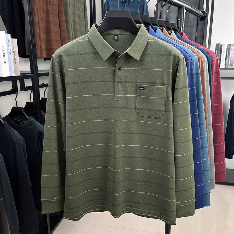2025 long sleeved men's spring and autumn collar striped pullover top with loose pockets polo shirt